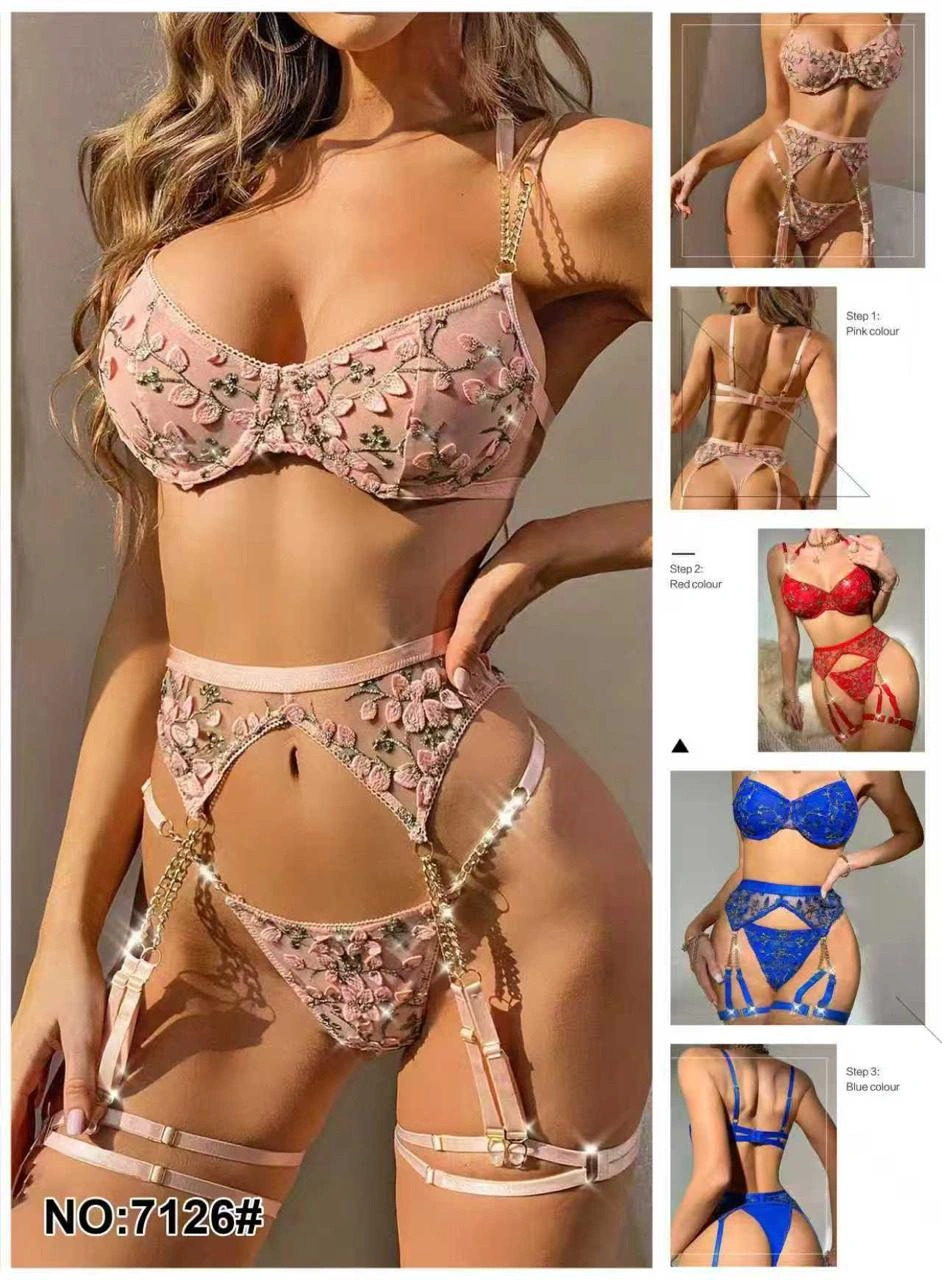 Floral embroidered garter lingerie set in pink with gold chain straps