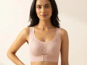Front Closure Wireless Bra with floral lace and wide comfort straps