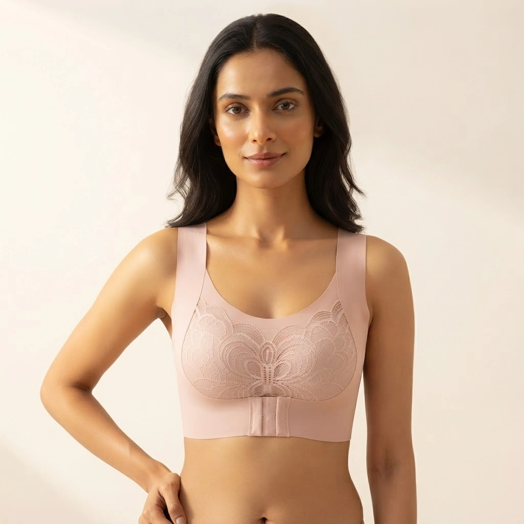 Front Closure Wireless Bra with floral lace and wide comfort straps