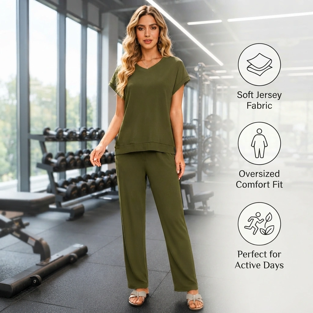 Olive green women's lounge set with relaxed V-neck top and elastic waist pants