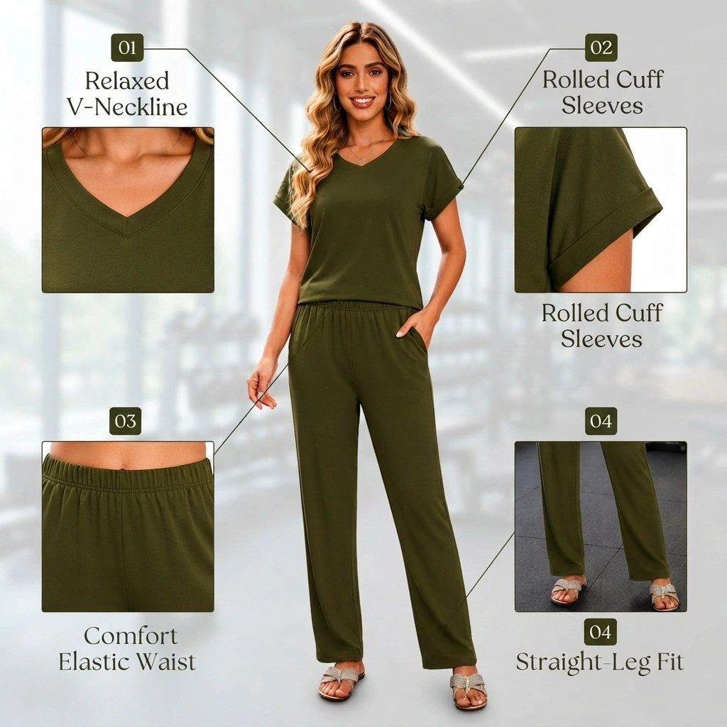 Women's olive green 2-piece lounge set with soft jersey top and straight-leg pants