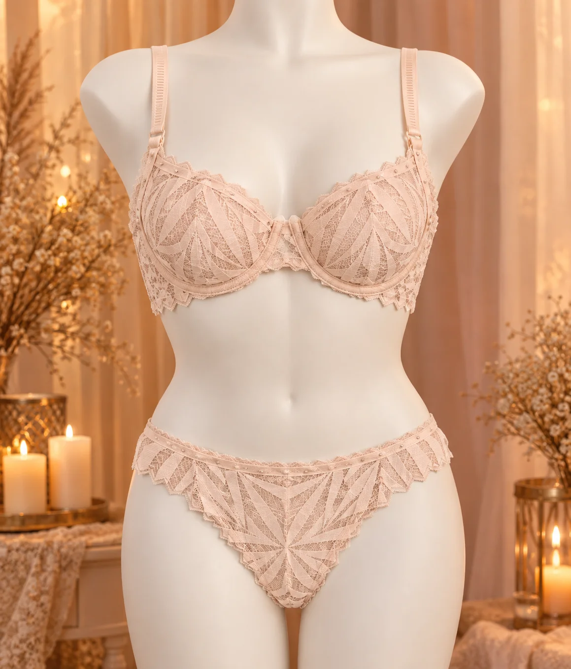 Pale Peach Lace Bra Set with Geometric Diamond Lace and Matching Panty