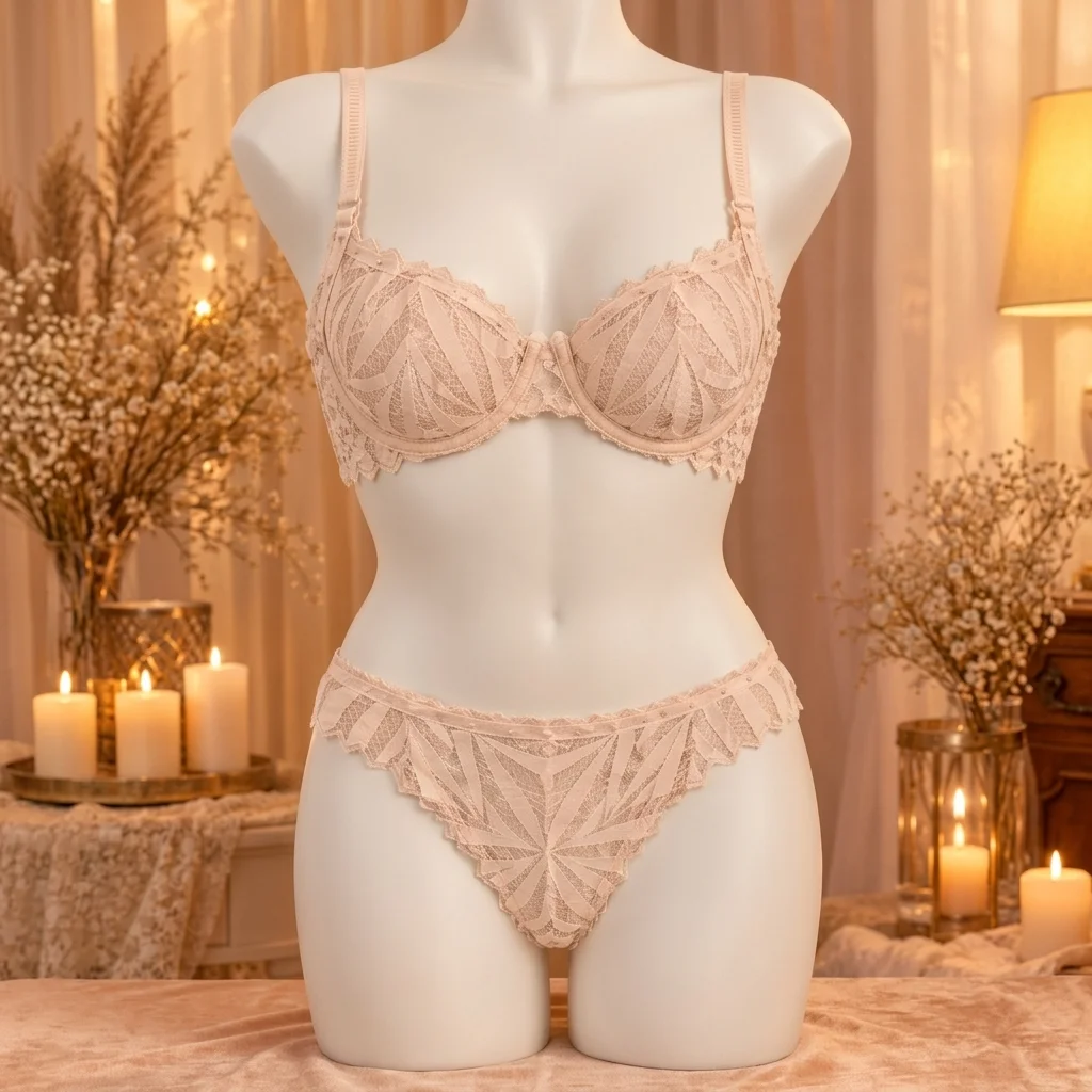 Pale Peach Lace Bra Panty Set – Geometric Diamond Lace Lingerie - Image 3