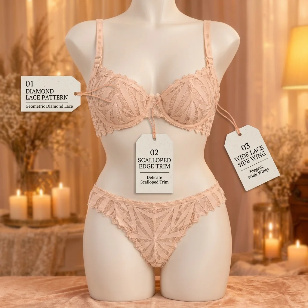 Pale Peach Lace Bra Panty Set – Geometric Diamond Lace Lingerie - Image 5
