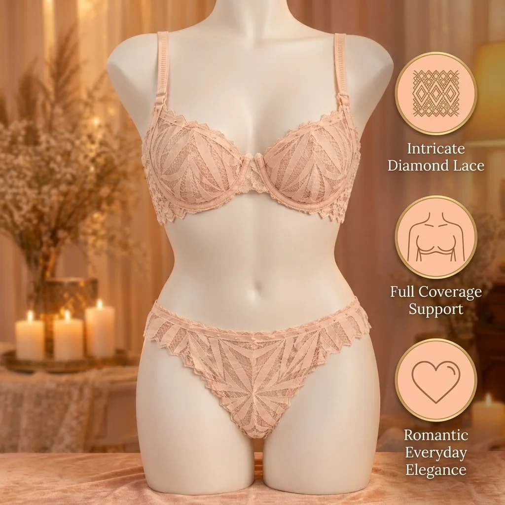 Pale Peach Lace Bra Panty Set – Geometric Diamond Lace Lingerie - Image 4