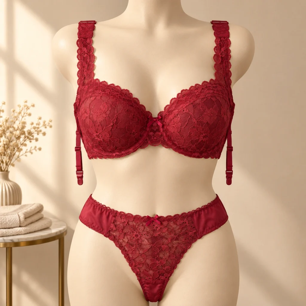 Red lace bra set with garter straps and matching high-cut panty