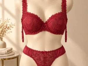 Red lace bra set with garter straps and matching high-cut panty