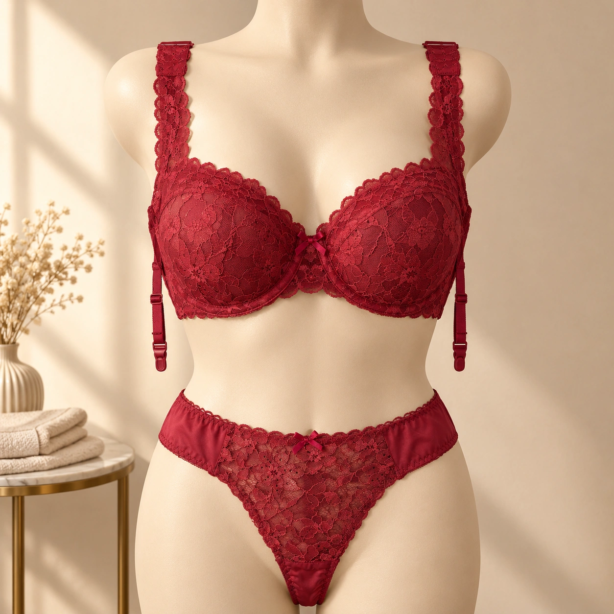 Red lace bra set with garter straps and matching high-cut panty
