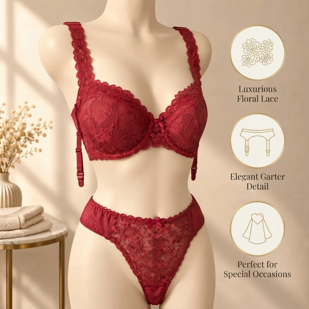 Red Lace Bra Set – Romantic Floral Lingerie - Image 5