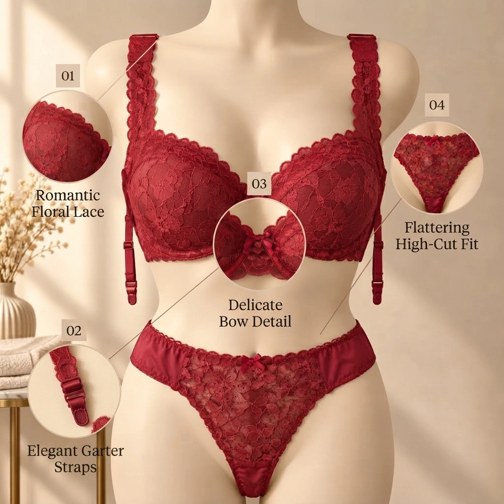 Red Lace Bra Set – Romantic Floral Lingerie - Image 3
