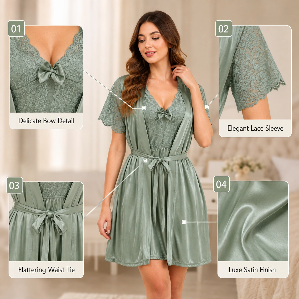 Women’s Satin Lace Babydoll Nightdress with Robe - Image 3