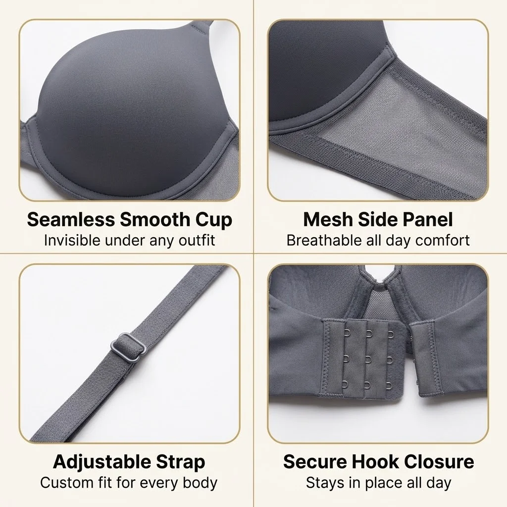 Seamless Smooth Cup Bra | Mesh Side Panel & Adjustable Straps - Image 3