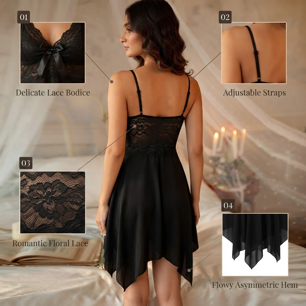Women’s black lace babydoll night dress with adjustable straps and floral lace bodice