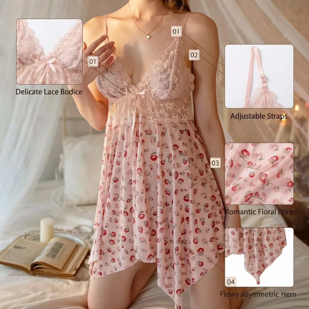 Women’s floral lace babydoll nightdress with soft chiffon and adjustable straps