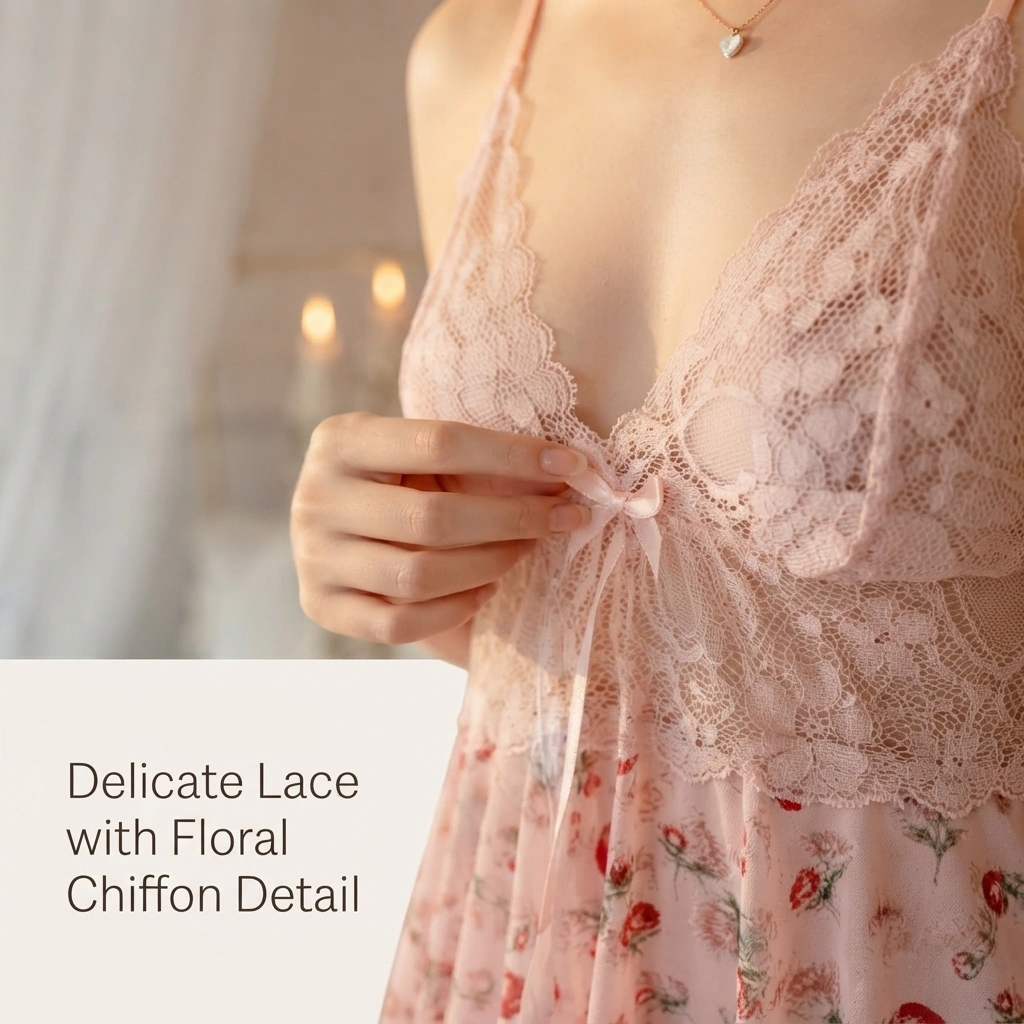 Women’s floral lace babydoll nightdress with soft chiffon and adjustable straps