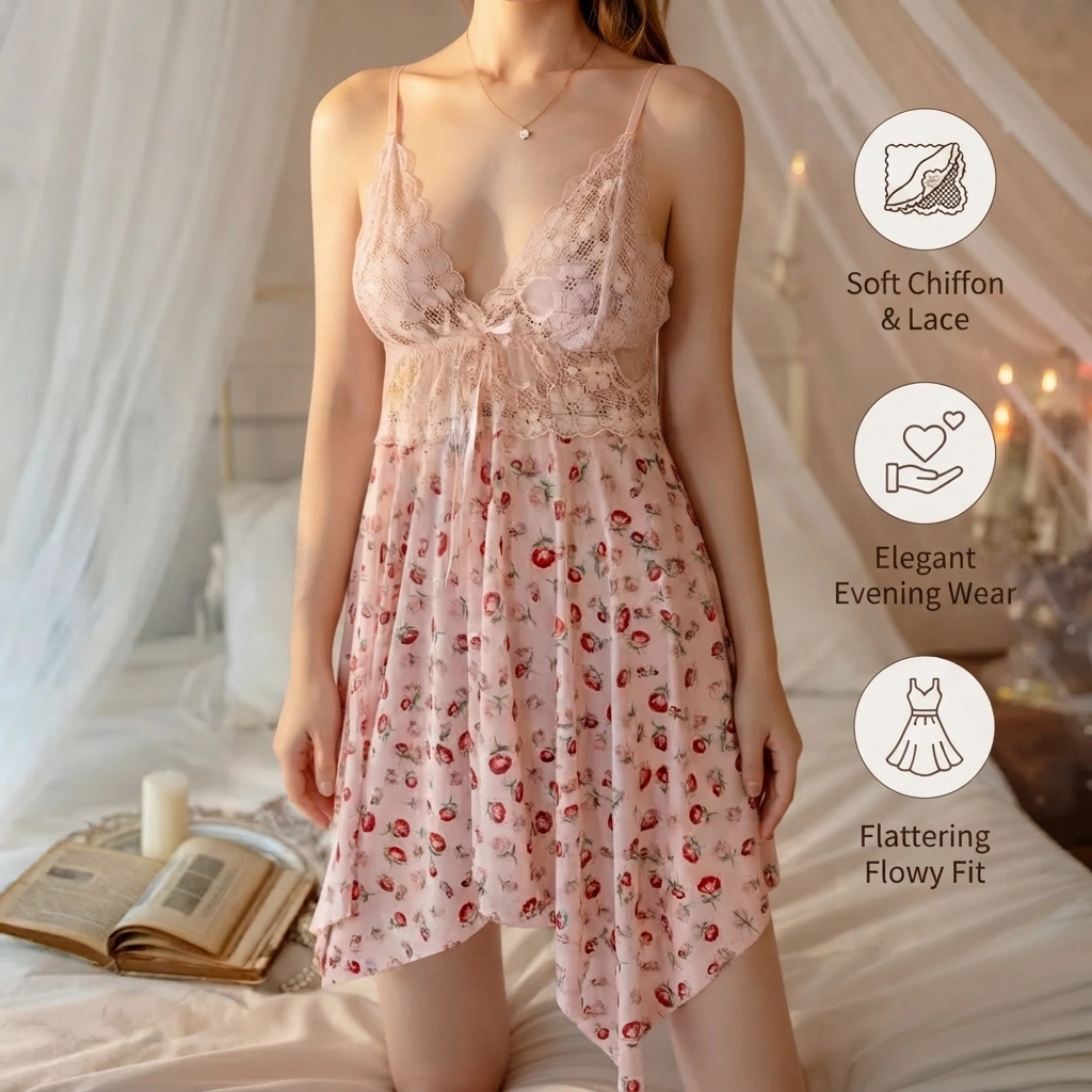 Women’s floral lace babydoll nightdress with soft chiffon and adjustable straps