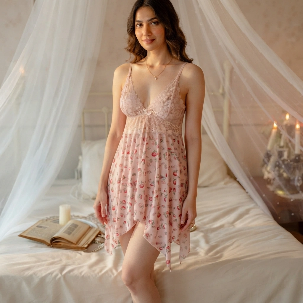 Women’s floral lace babydoll nightdress with soft chiffon and adjustable straps