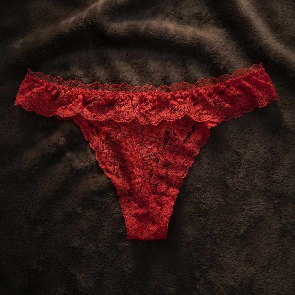 Women’s red floral lace thong panty with soft fabric and scalloped waistband