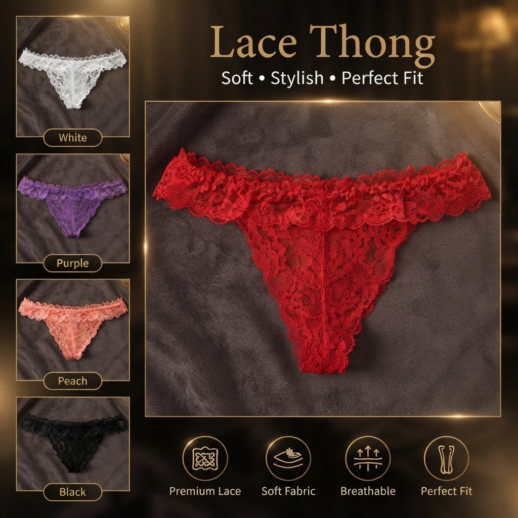 Women’s floral lace thong panty with soft fabric and scalloped waistband