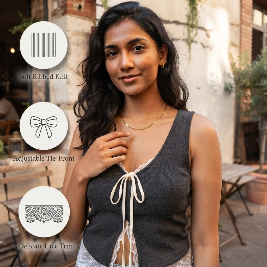 Women’s Ribbed Knit Tie-Front Crop Top with Lace Trim - Image 8