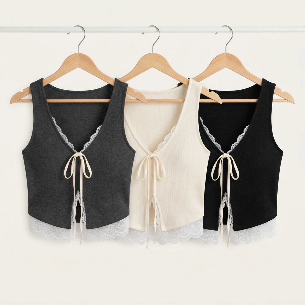 Women’s Ribbed Knit Tie-Front Crop Top with Lace Trim - Image 4