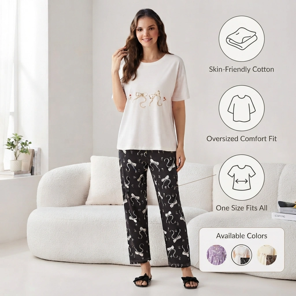 Women’s Cotton Pajama Set with Bow Print - Image 5
