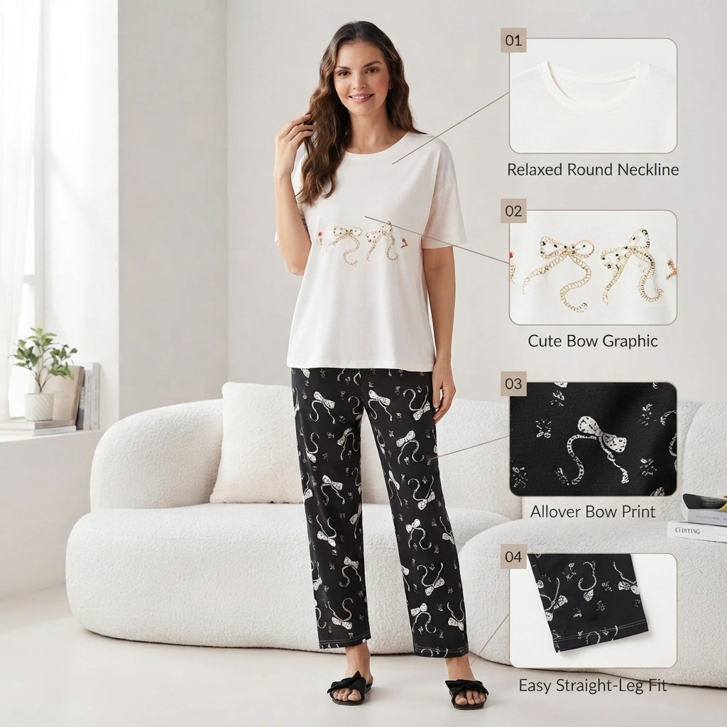 Women’s Cotton Pajama Set with Bow Print - Image 4