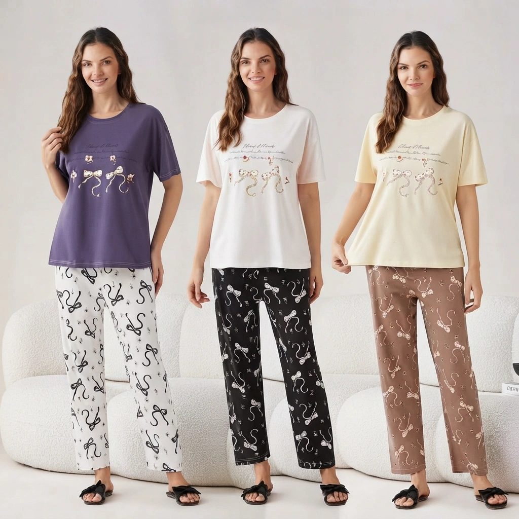 Women’s Cotton Pajama Set with Bow Print - Image 2