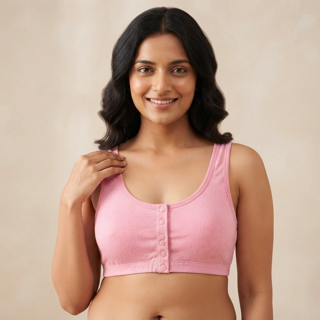 Women’s front open bra with soft breathable stretchable fabric and full coverage support