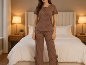 Women’s polka dot ribbed knit pajama set with button-placket top and straight-leg trousers