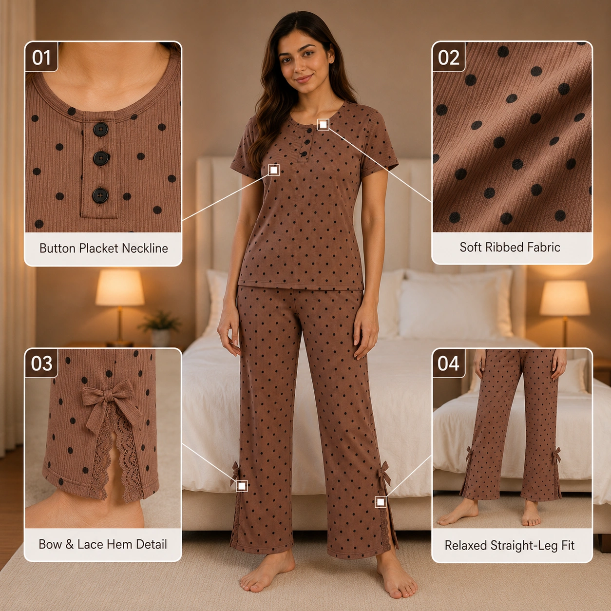 Women’s polka dot ribbed knit pajama set with button-placket top and straight-leg trousers