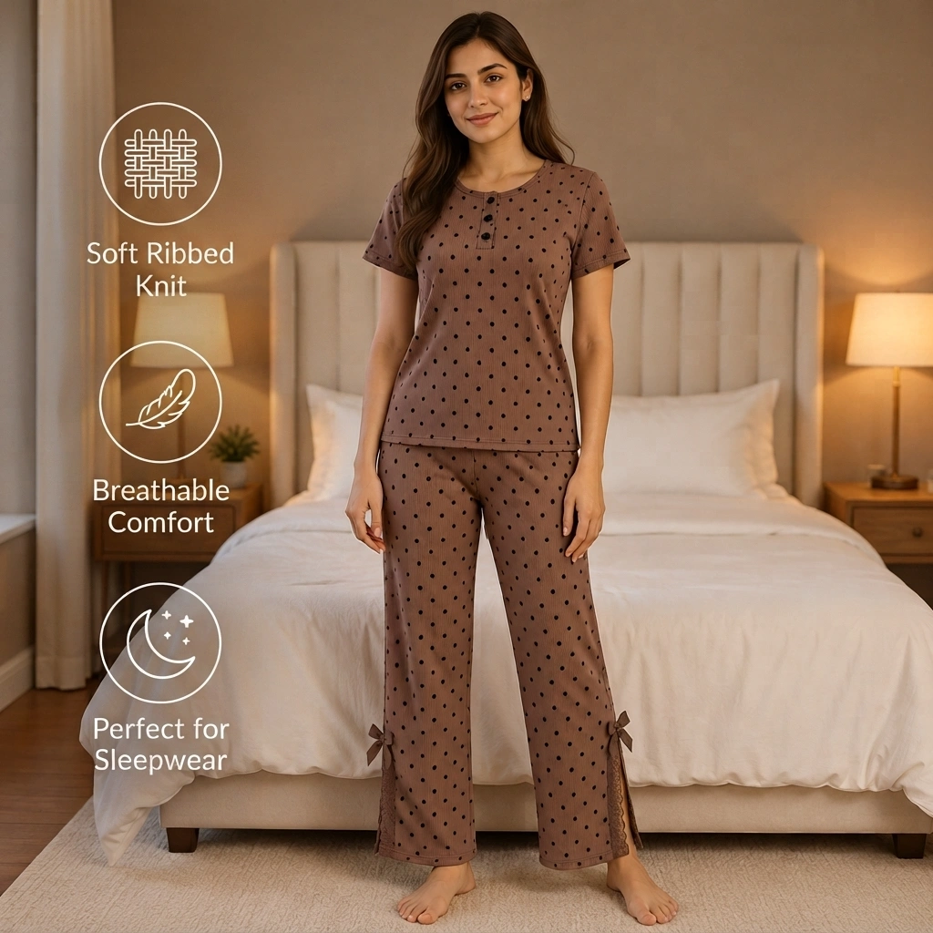Women’s polka dot ribbed knit pajama set with button-placket top and straight-leg trousers