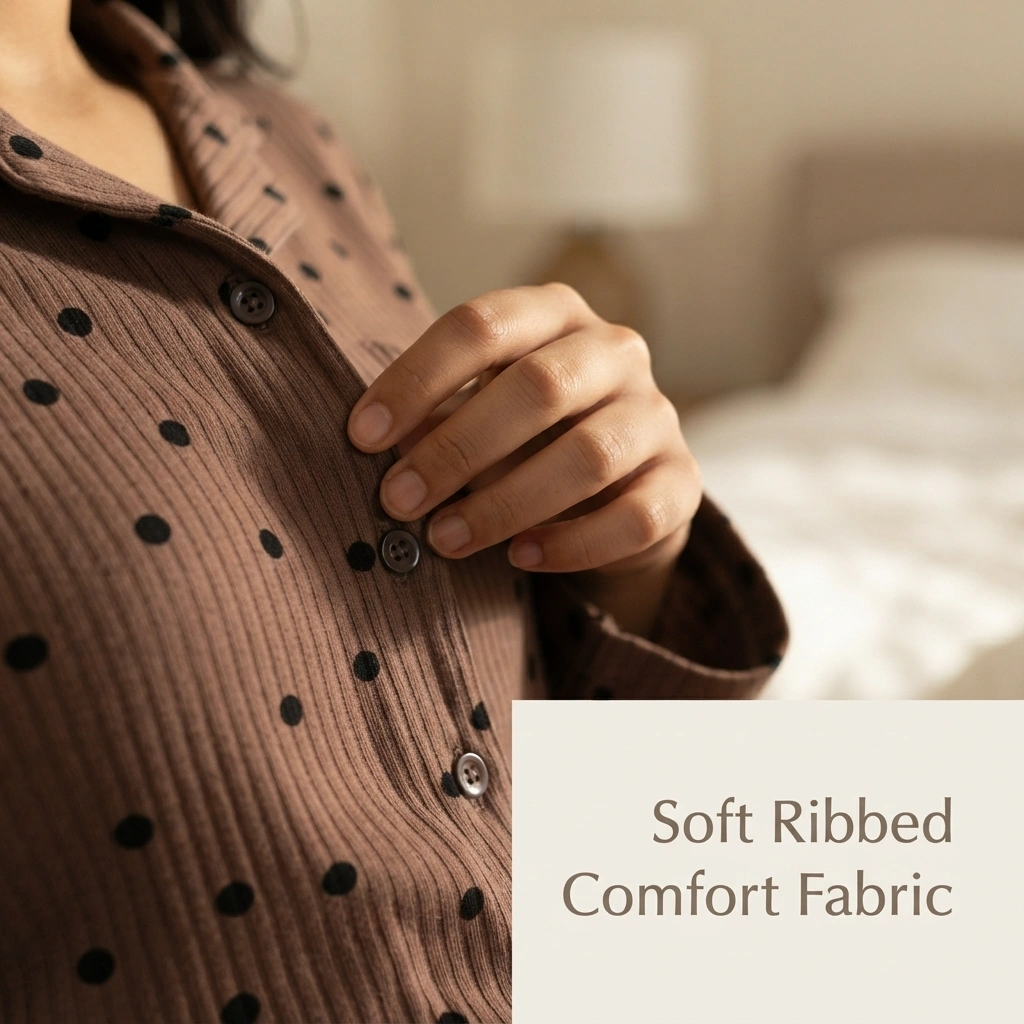 Women’s polka dot ribbed knit pajama set with button-placket top and straight-leg trousers