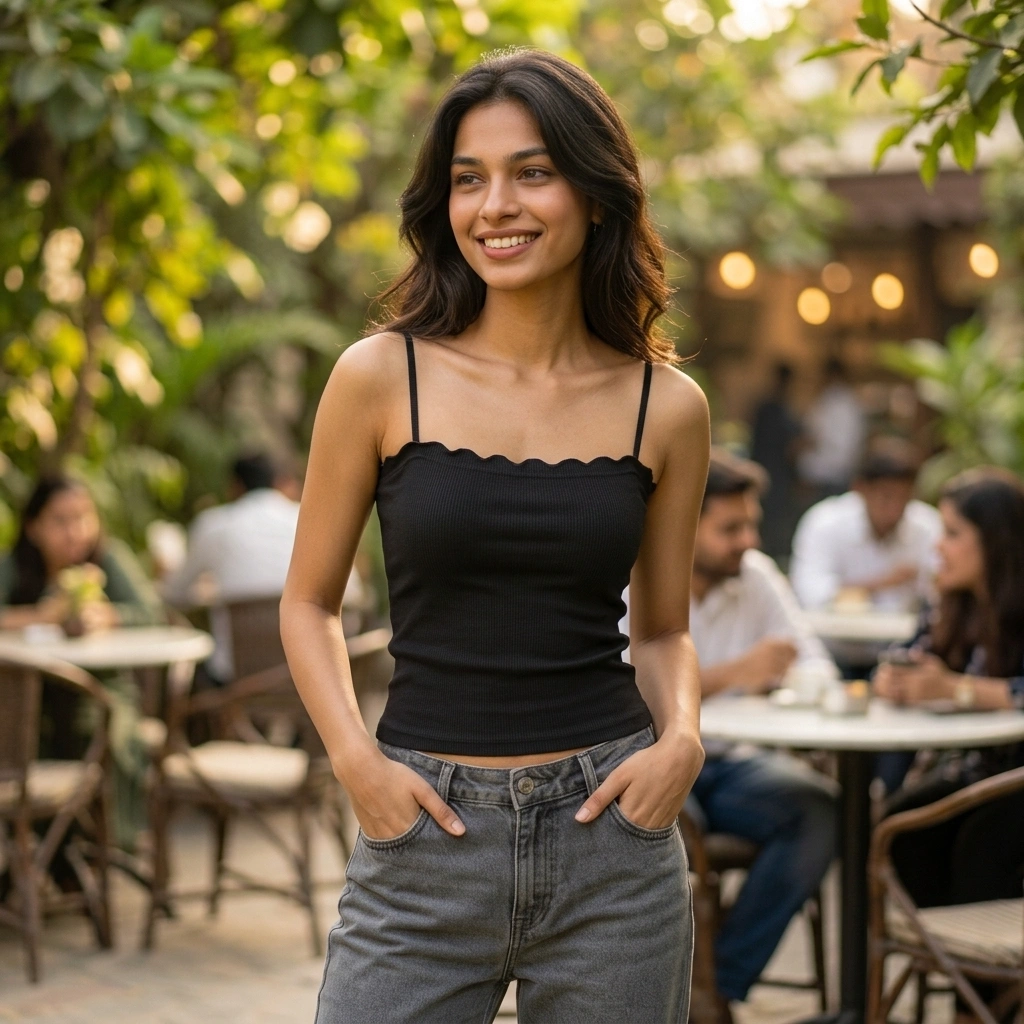 Women’s ribbed camisole top with adjustable straps and scalloped neckline in multiple colors