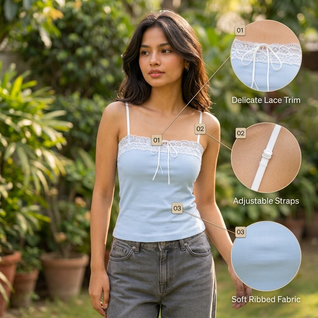 Women’s Ribbed Lace Cami Top – Soft Cotton Adjustable Strap Casual Tank Top - Image 3