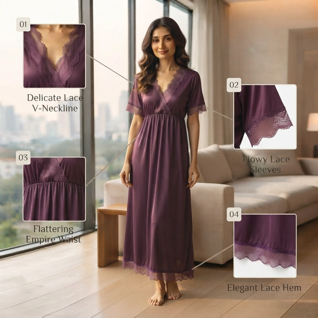 Women’s purple satin-silk feel lace night dress with V-neck and empire waist