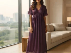 Women’s purple satin-silk feel lace night dress with V-neck and empire waist