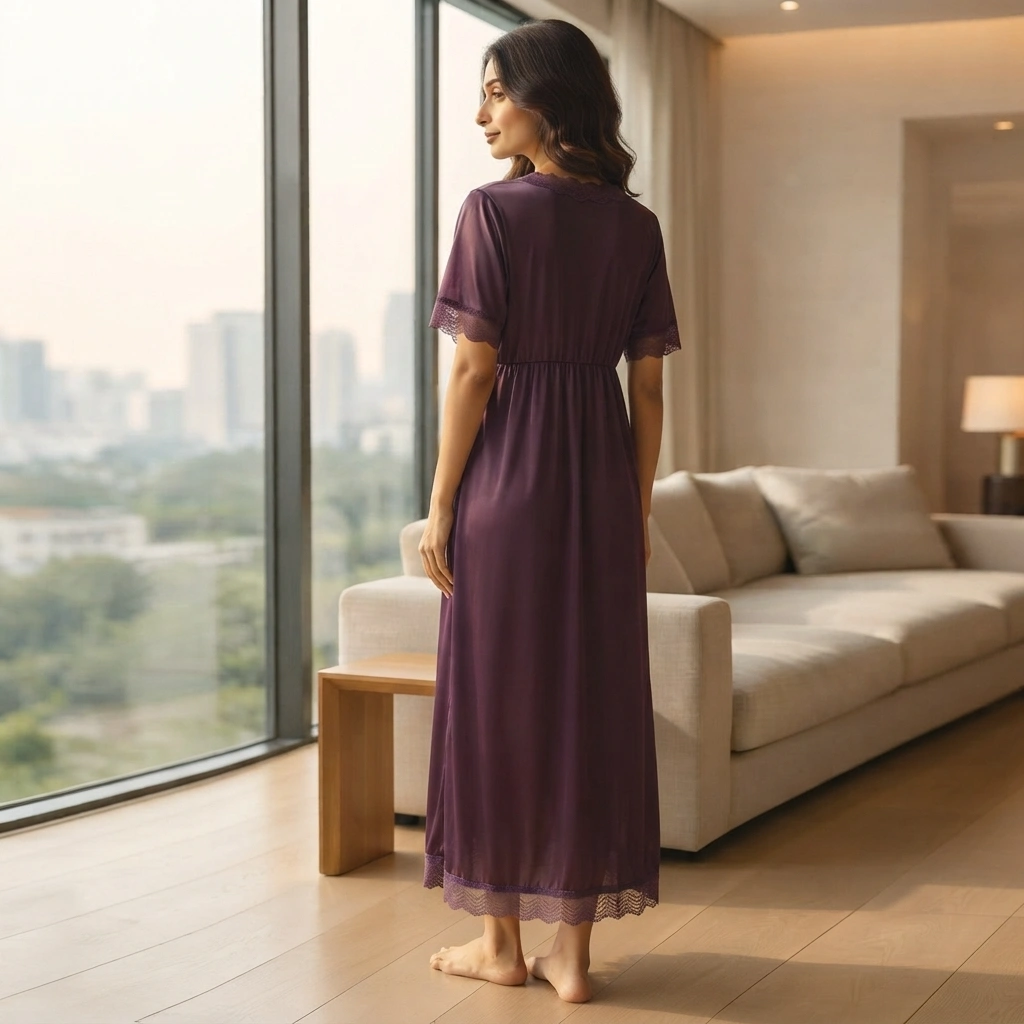 Women’s purple satin-silk feel lace night dress with V-neck and empire waist