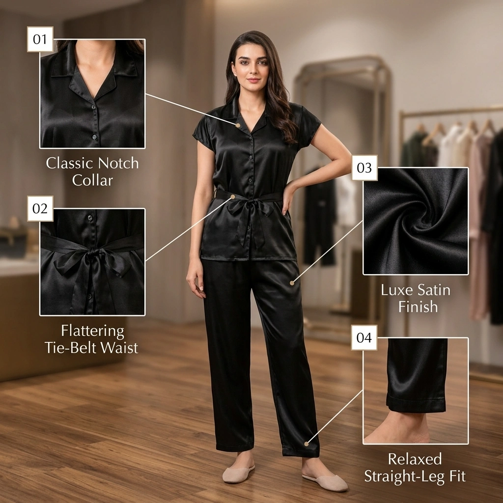 Women’s Satin Pajama Set with notch collar tie belt and straight-leg pants