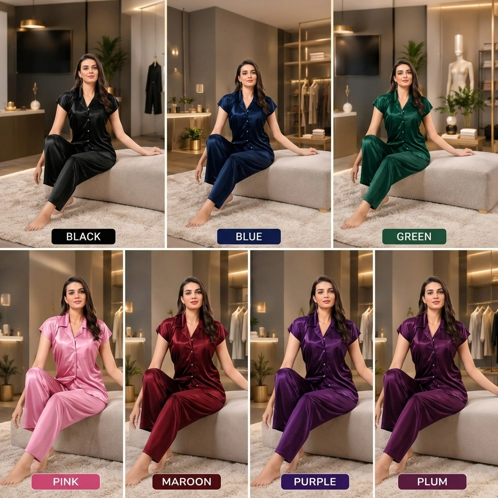 Women’s Satin Pajama Set – Short Sleeve Button-Down Top & Straight-Leg Pants - Image 3