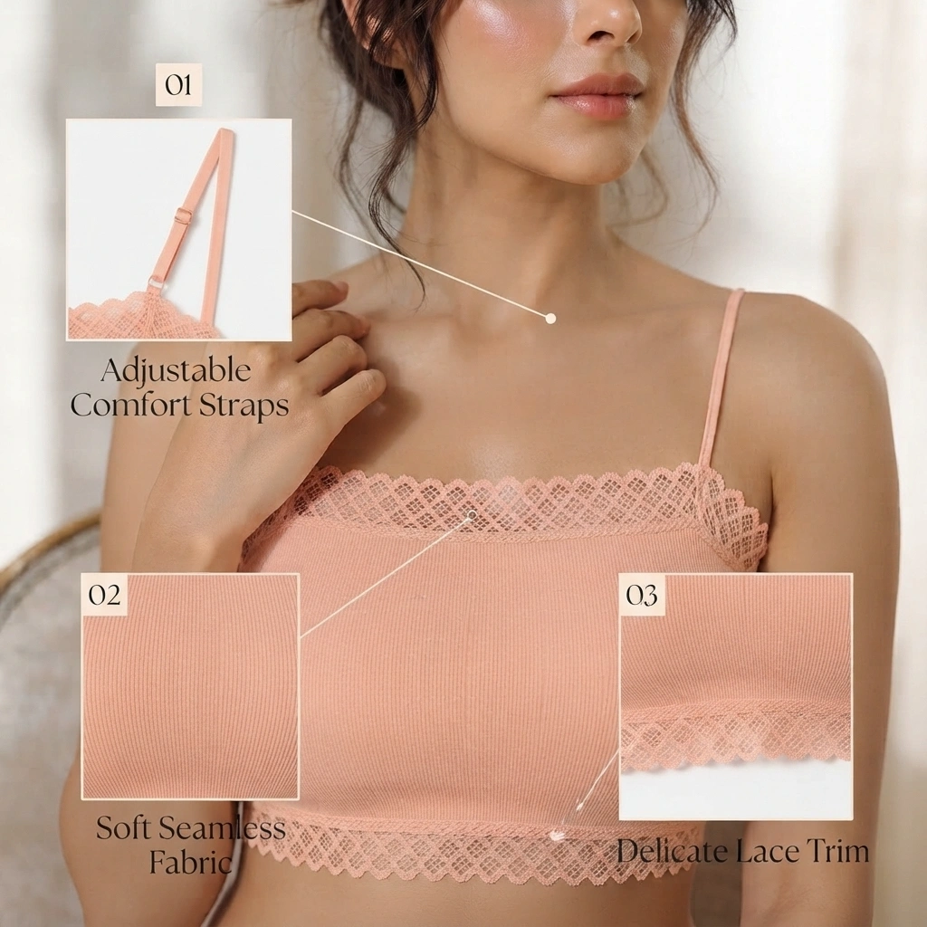 Women’s Seamless Lace Trim Camisole Top | Soft Stretch Comfort Bralette Crop Top - Image 4