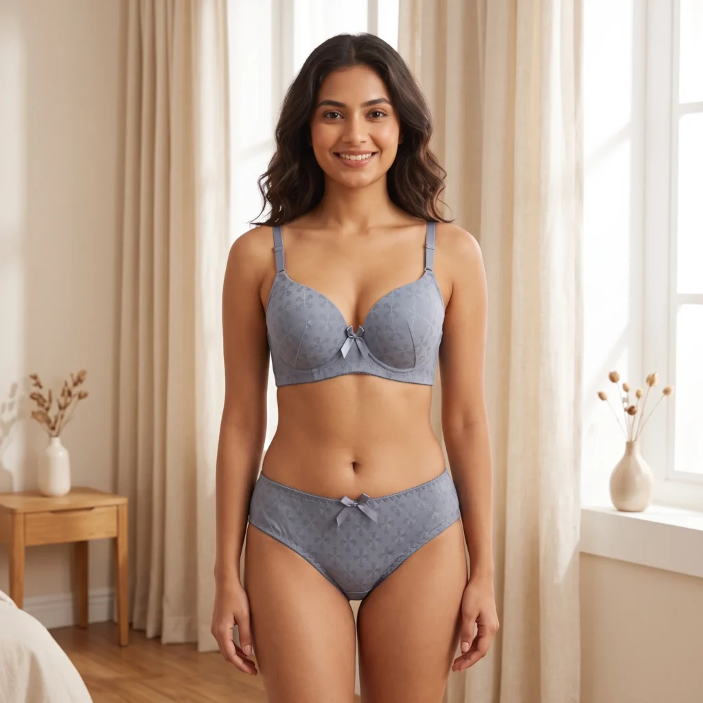Model wearing Silver Grey Floral Embroidered Bra Set with soft wire-free support and matching briefs