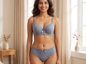 Model wearing Silver Grey Floral Embroidered Bra Set with soft wire-free support and matching briefs