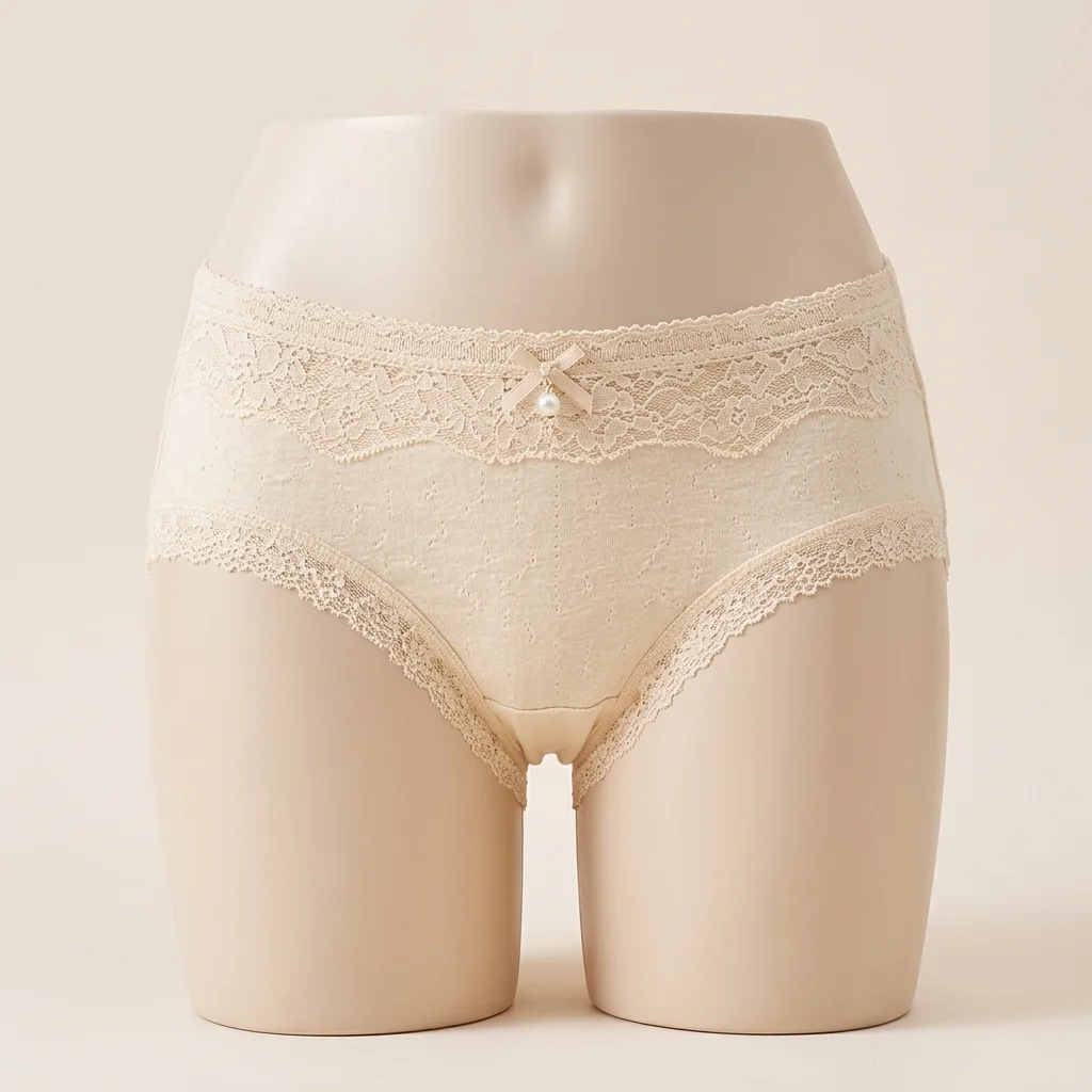 Nude Beige Lace Trim Cotton Panties highlighting Premium Lace Border, Ultra Soft, Premium Cotton Fabric, and Stretchable Fit features