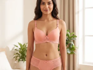 Matching women’s lace bra and panty set with smooth cups and decorative lace trim
