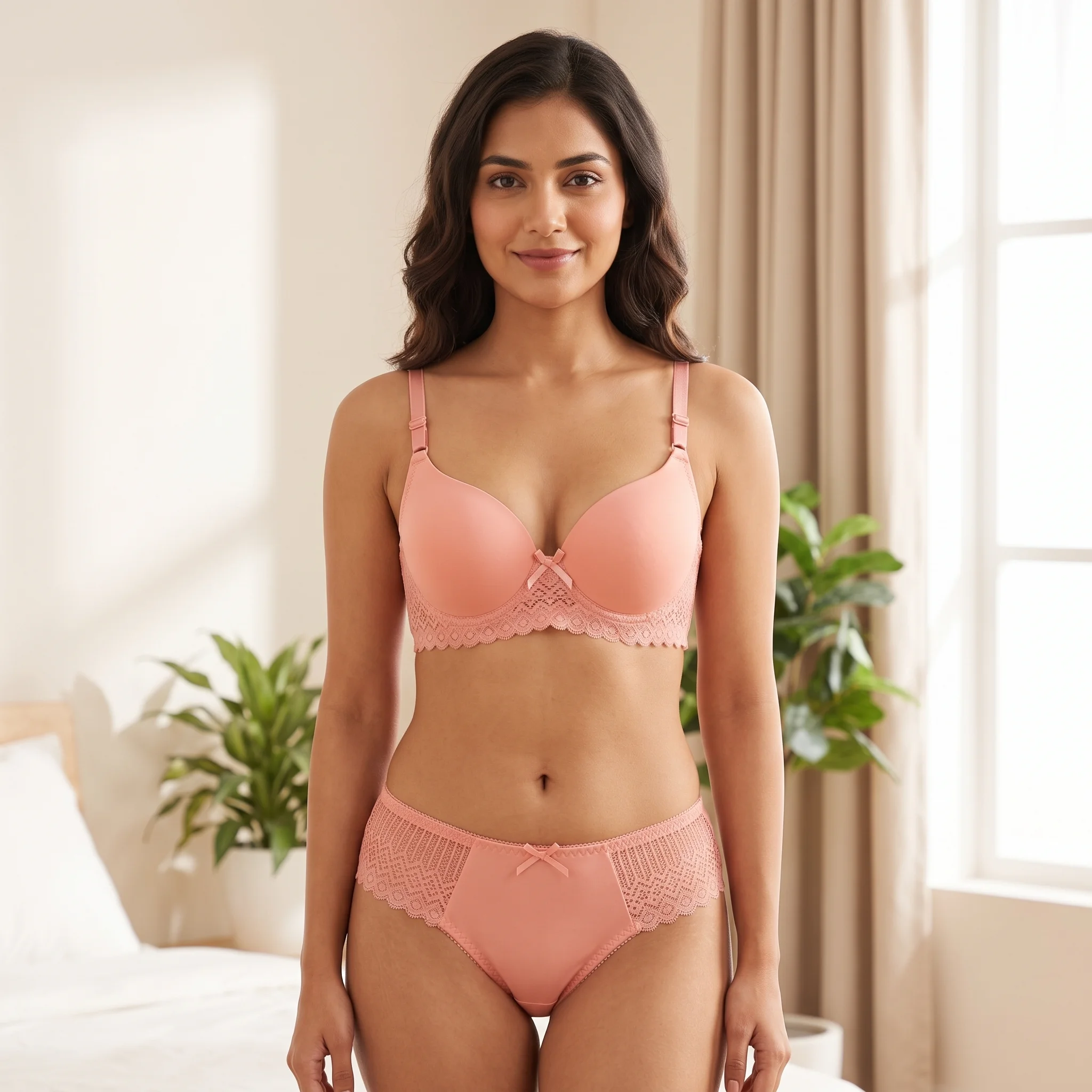 Matching women’s lace bra and panty set with smooth cups and decorative lace trim