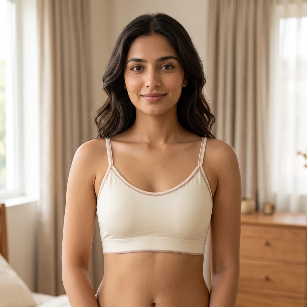 Model wearing Smooth Stretch Bralette with Contrast Trim made of smooth stretch fabric for all-day comfort