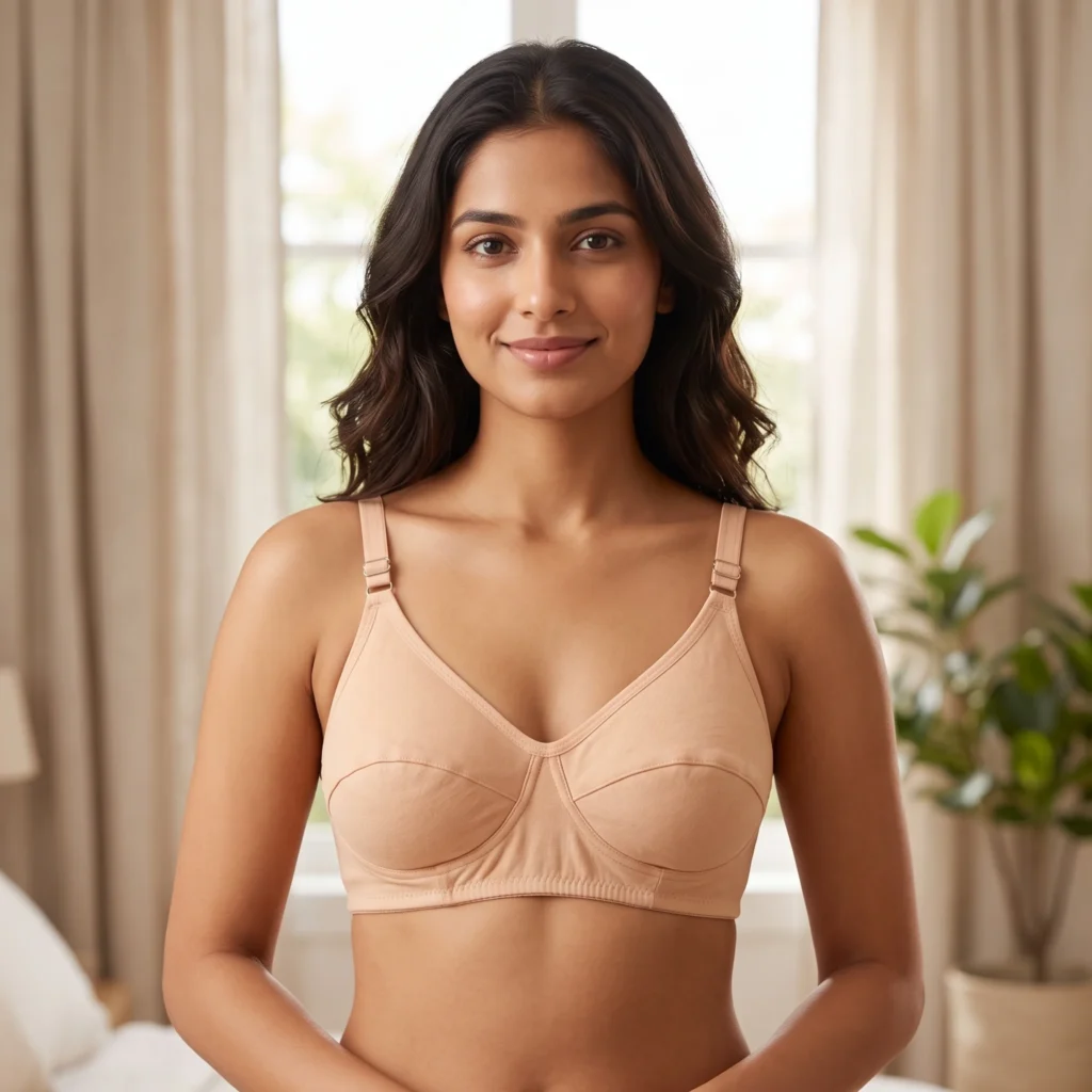 Soft Cotton Wireless Support Bra in Skin color with adjustable straps, seamed cups, and soft non-digging band