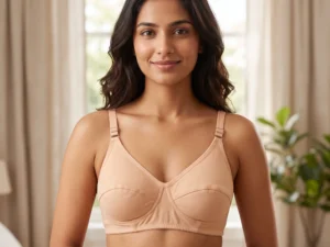 Soft Cotton Wireless Support Bra in Skin color with adjustable straps, seamed cups, and soft non-digging band