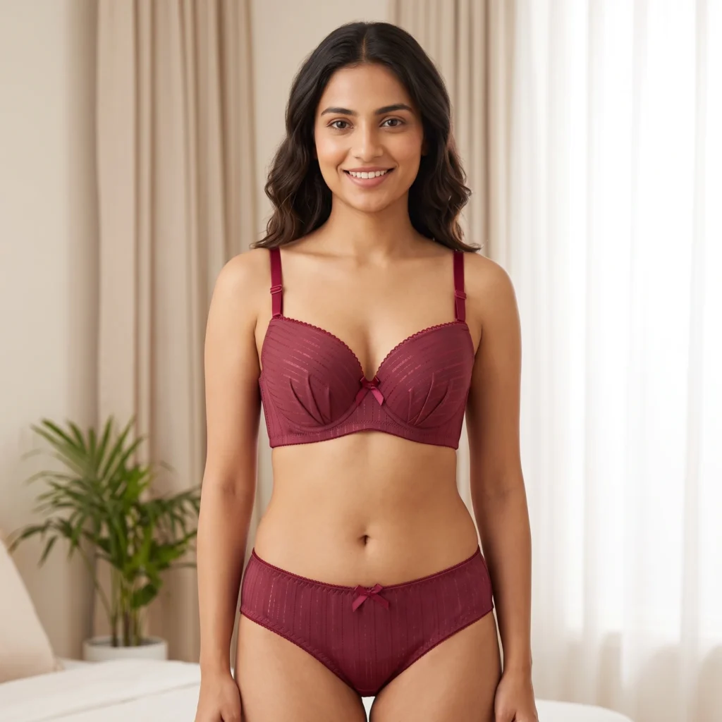 Model wearing Wine Red Soft Striped Padded Bra Set with soft striped fabric, padded cups, and wide support band
